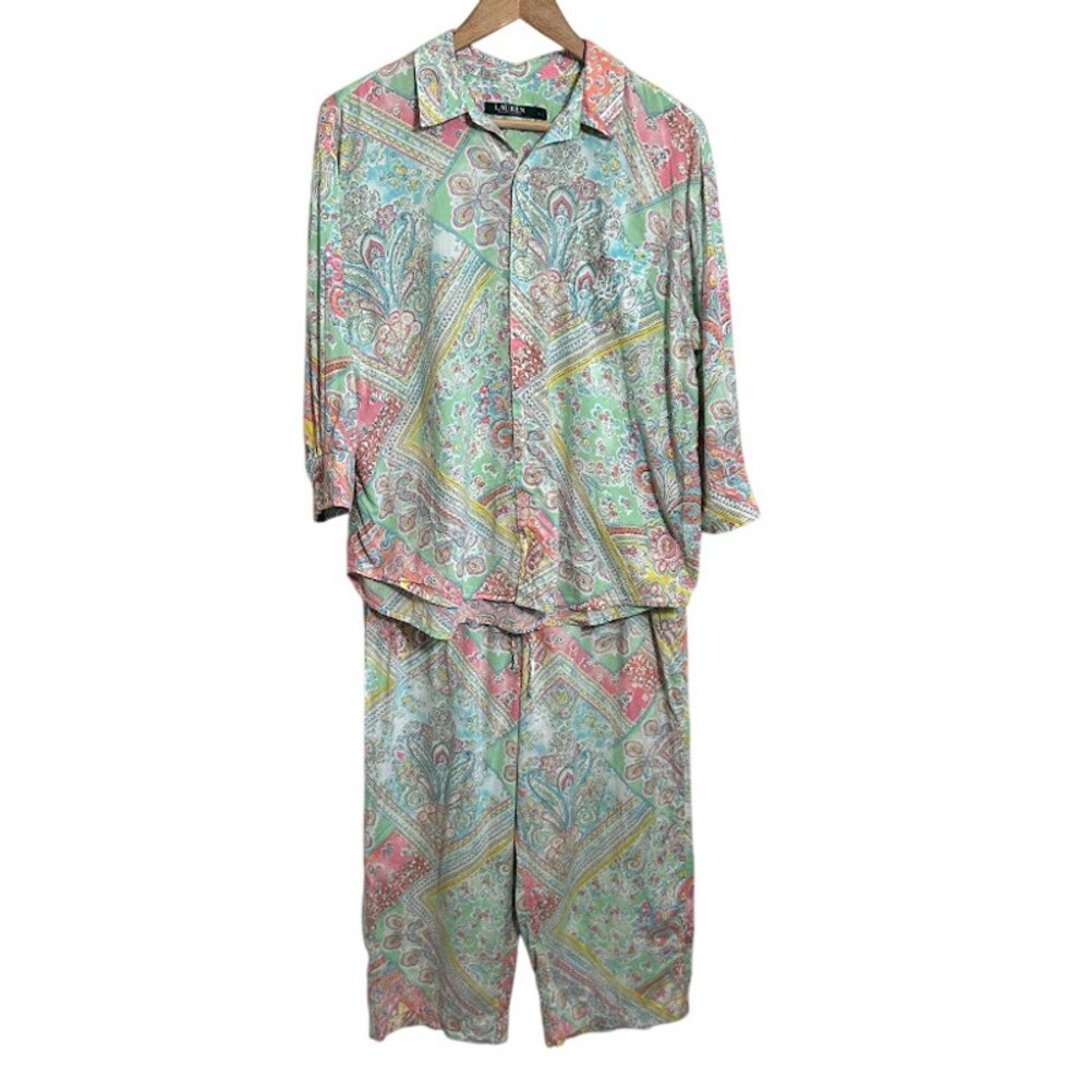 LRL Ralph Lauren Floral Paisley 100% Cotton Pajama Set L Long Sleeve Cropped